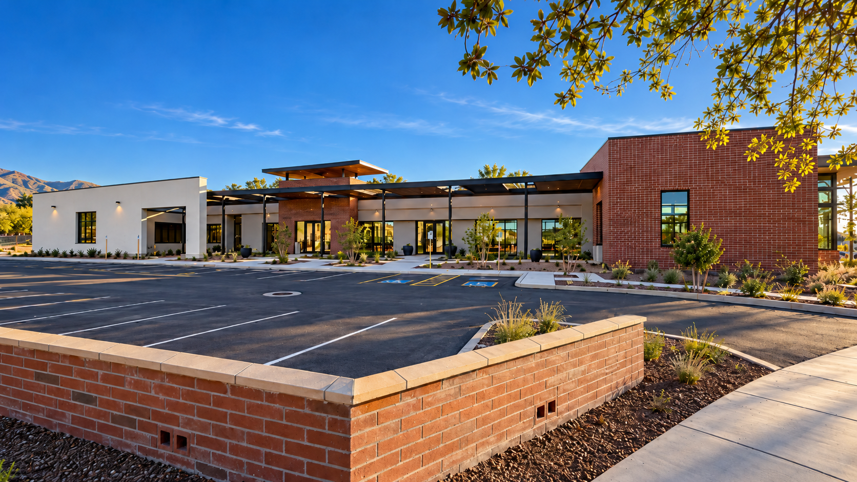 Modern Community Building and Empty Parking Lot Cones Removed